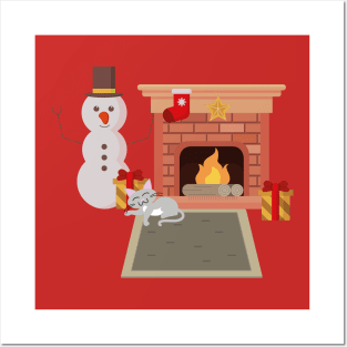 Christmas cozy cats near fireplace Posters and Art
